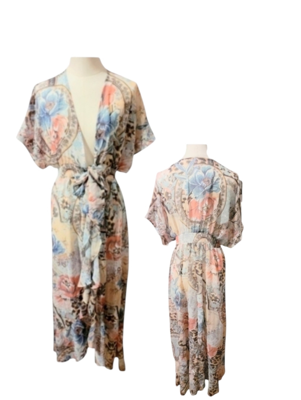 VENUS Flowing Pink Blue and Silver Sheer Floral Sequined Robe Size Medium